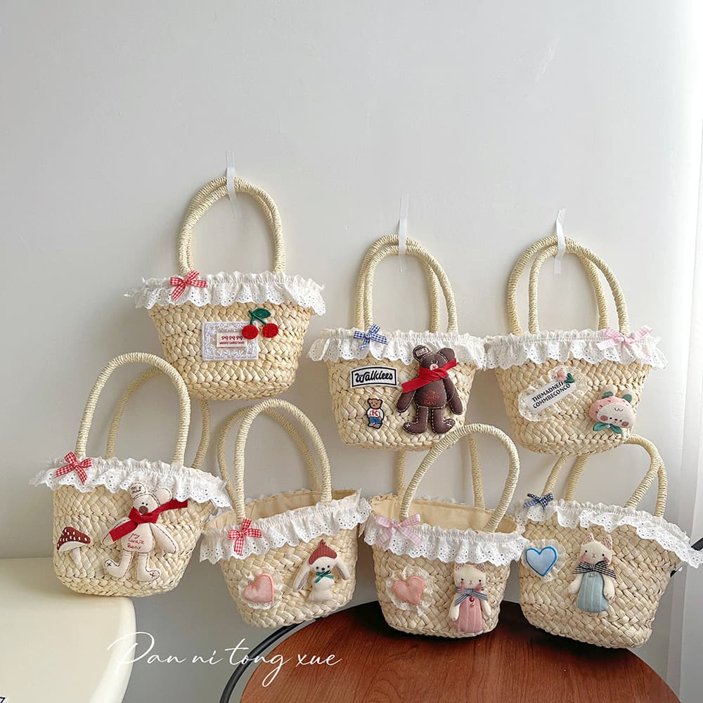 Rice Straw Woven Basket Handbag Lace Butterfly Knot Small Rabbit Sweet Tied Summer Beach Vacation Girls Shoulder Bag