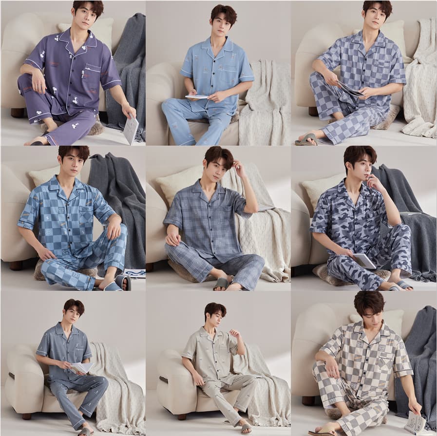 Korean Pajamas - WeChat Hot Seller, Multiple Styles Available, Men's Short Sleeve Pajama Set Cardigan Loungewear for AliExpress