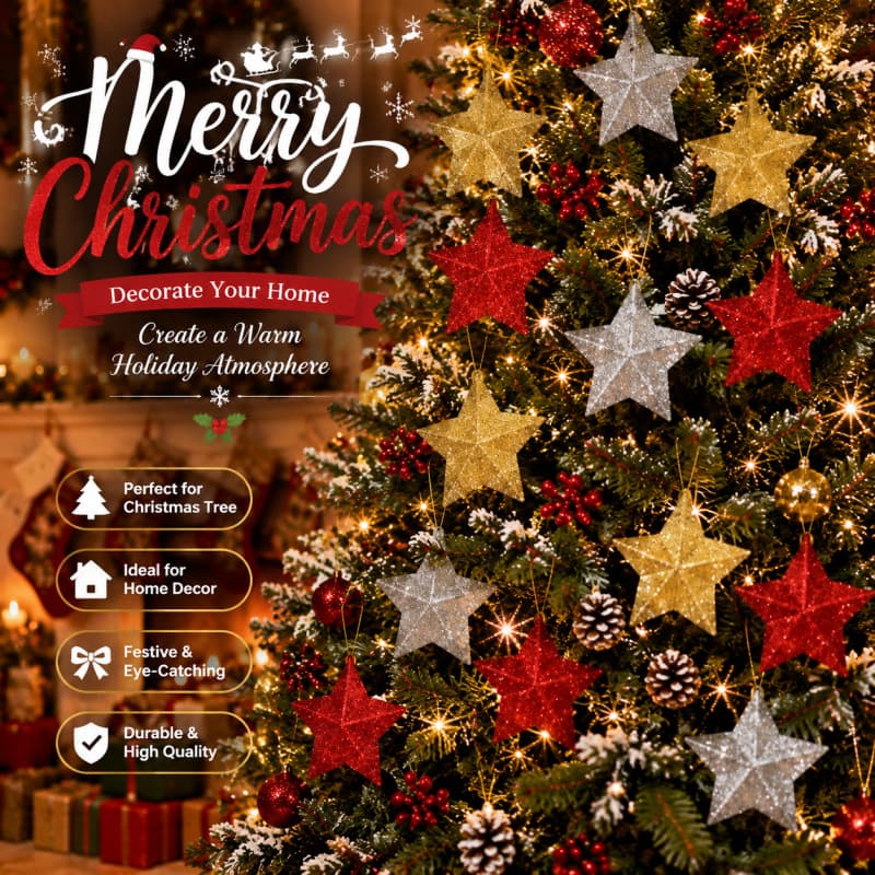 New Cross-Border Exclusive Christmas Glitter Star Hanging Decoration Party 3D Christmas Tree Decoration Blow Molded Five-Pointed Star