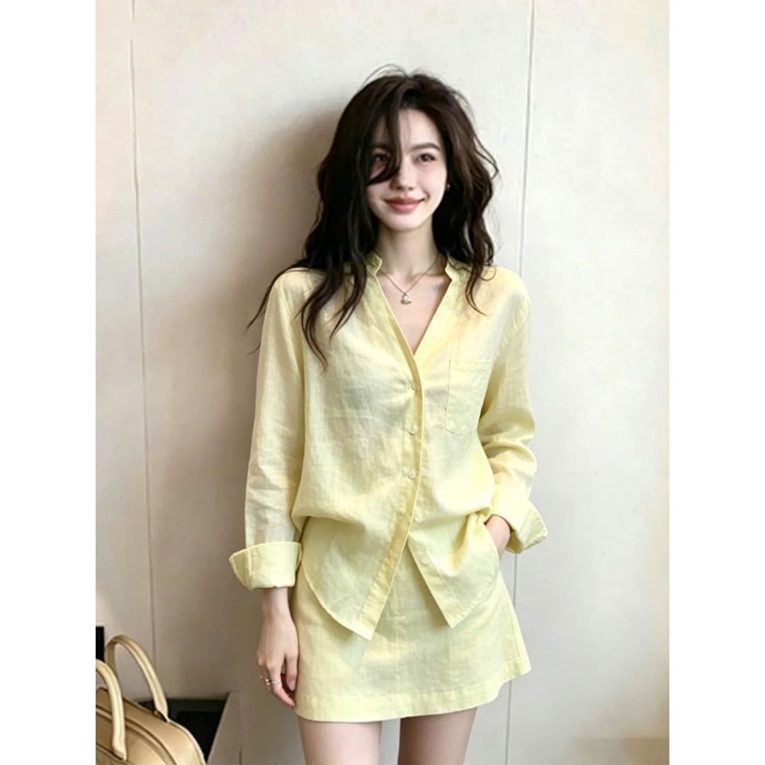Qiaomi 2026 Trendy Outfit Set Yellow Casual Linen Cotton Sun Protection Shirt and Skirt Two-Piece Set for Women Summer