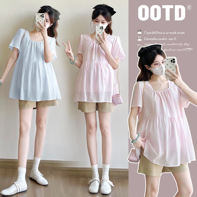 Maternity Wear Summer New Arrival Short Sleeve Fashion Square Neck Loose Versatile Peter Pan Blouse Korean Style Sweet Slimming Trendy Mom