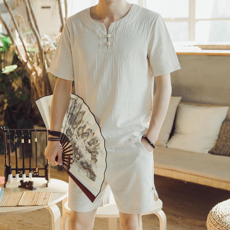 2026 Summer Chinese Style Men's Linen Short Sleeve T-Shirt Middle-Aged and Elderly Cotton Linen Casual Shorts Set Father's Outfit