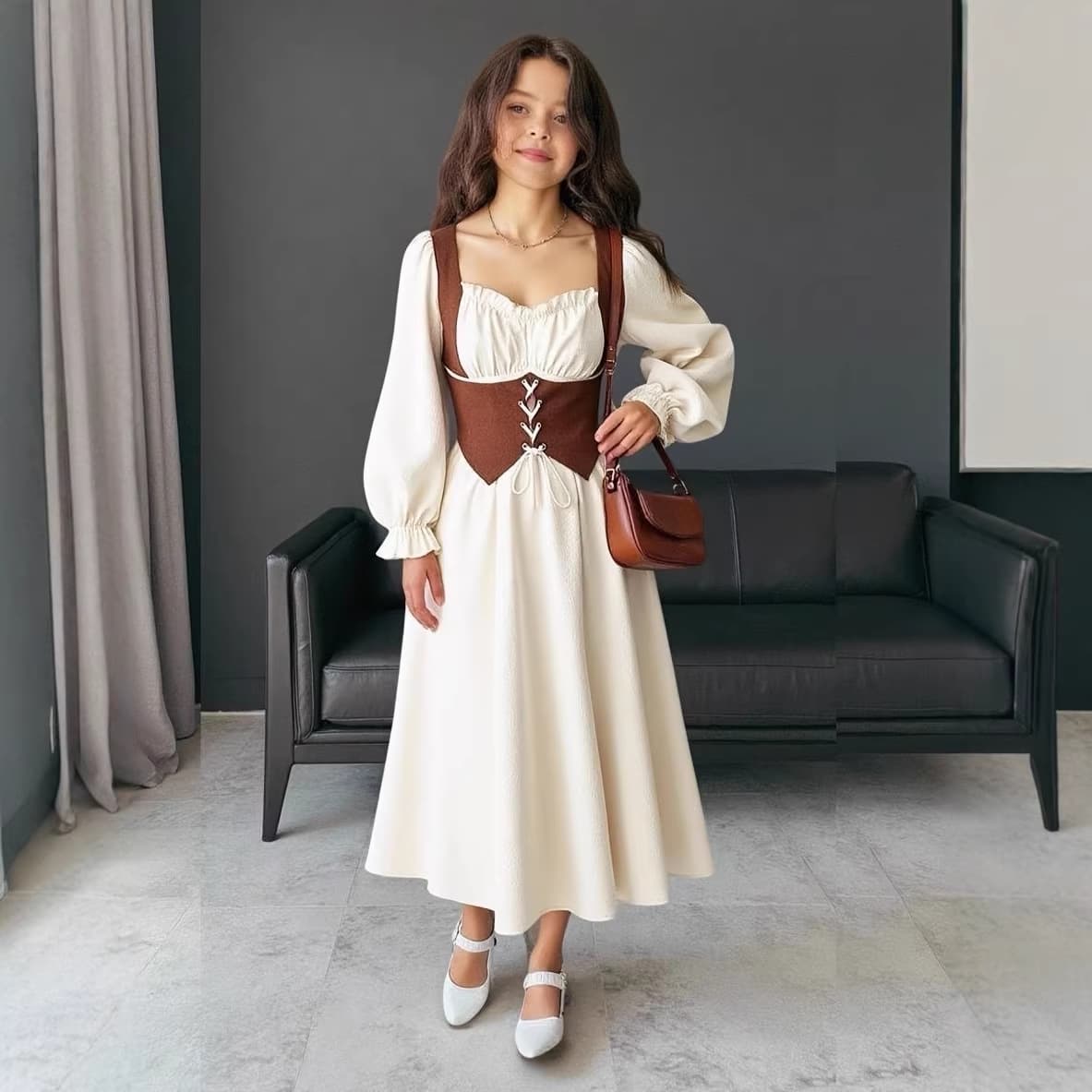 Girls Princess Style Spliced Fake Two-piece Dress 2026 Medium and Large Children Elastic Waistband Bust Adjustable Long Sleeve Skirt