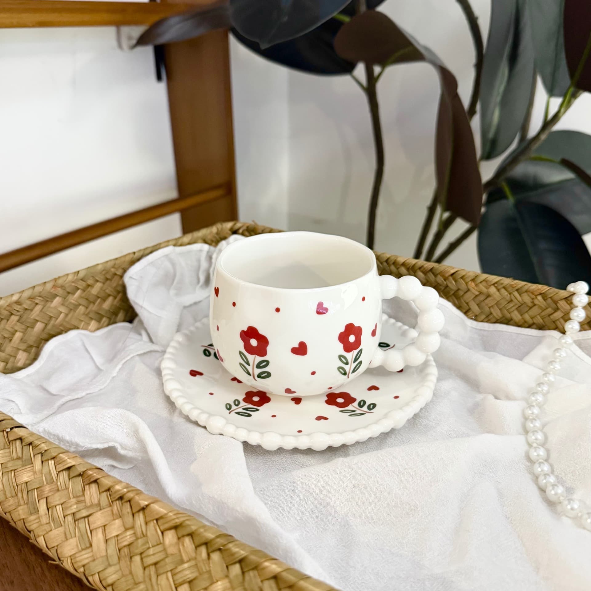 French Vintage Ins-Style Irregular Pearl Ceramic Cup & Saucer, Handcrafted Coffee Cup & Saucer, Afternoon Tea Saucer