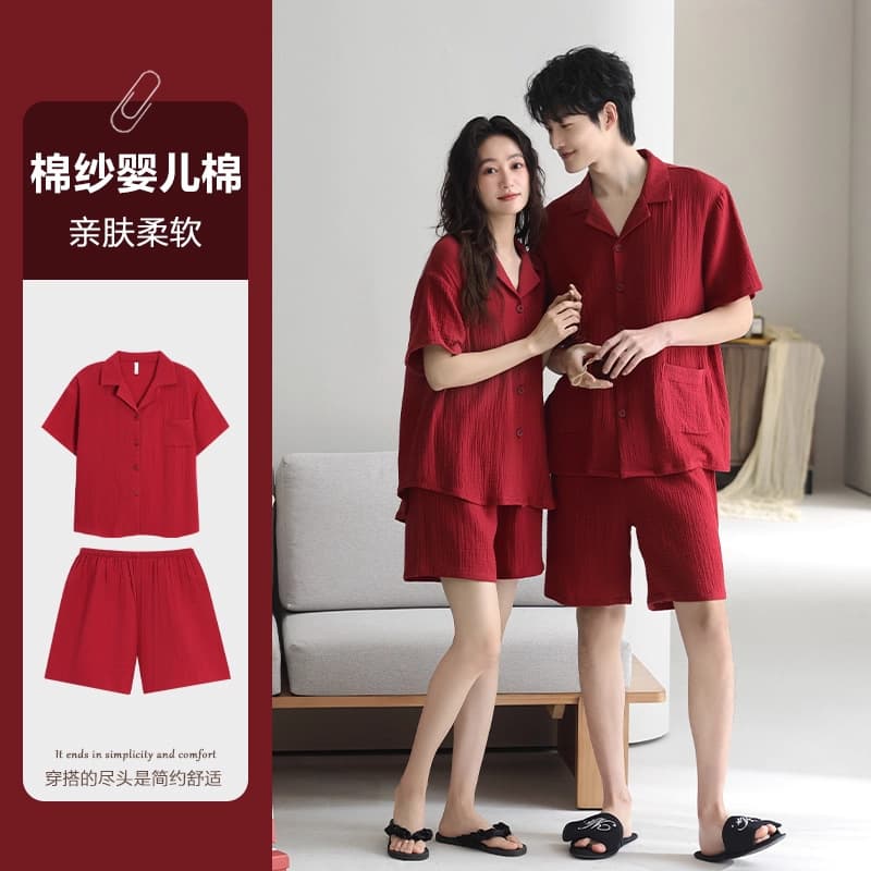 Couple Pajamas Summer A-Class Baby Cotton Double-Layer Gauze Red Women's Short Sleeve Shorts with Bra Pad Pure Cotton Loungewear