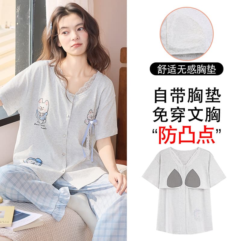 Pajamas with breast pads for women summer short-sleeved cardigan 65% cotton cartoon girl no-wear underwear home wear thin set