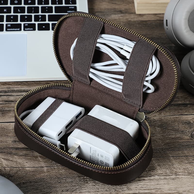 Full Grain Cowhide Digital Accessory Organizer Handmade Cross-Border Travel Portable Charger Cable Bag