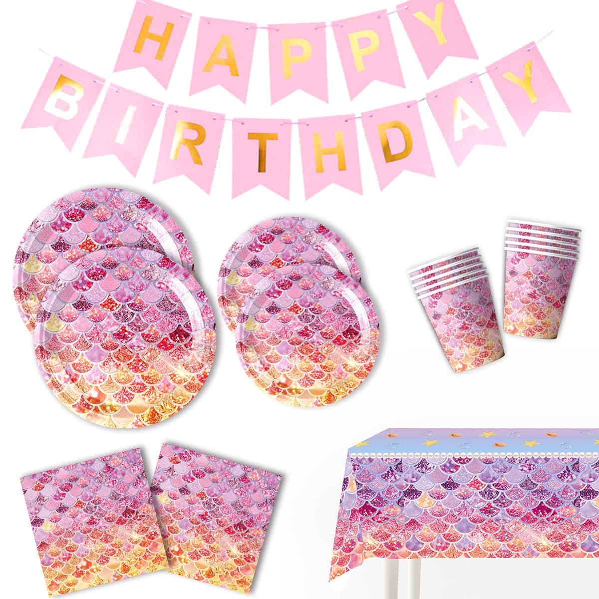 New Mermaid Fishtail Scales Birthday Party Theme Pull Flag Tissue Paper Plate Tableware Party Supplies