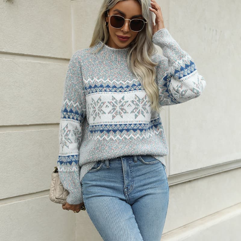 Amazon Europe & America Foreign Trade Women's Christmas Semi-Turtleneck Snowflake Casual Fashion Knitted Sweater for Autumn/Winter New Arrivals