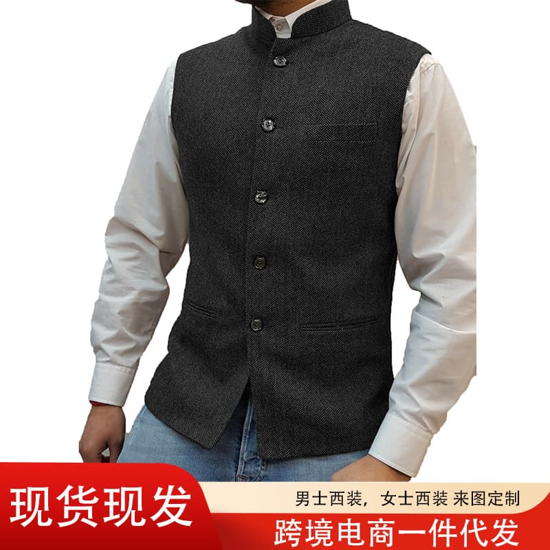 Cross-border preferred men's vests, stand-up collar, Zhongshan style vests, herringbone vests, factory direct sales, in stock.