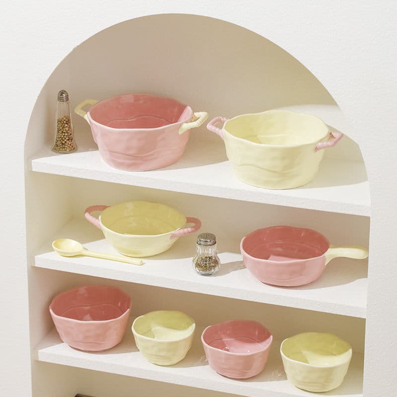 ins color matching ceramic handle bowl baking bowl with handle instant noodle bowl atmosphere high value salad fruit yogurt bowl