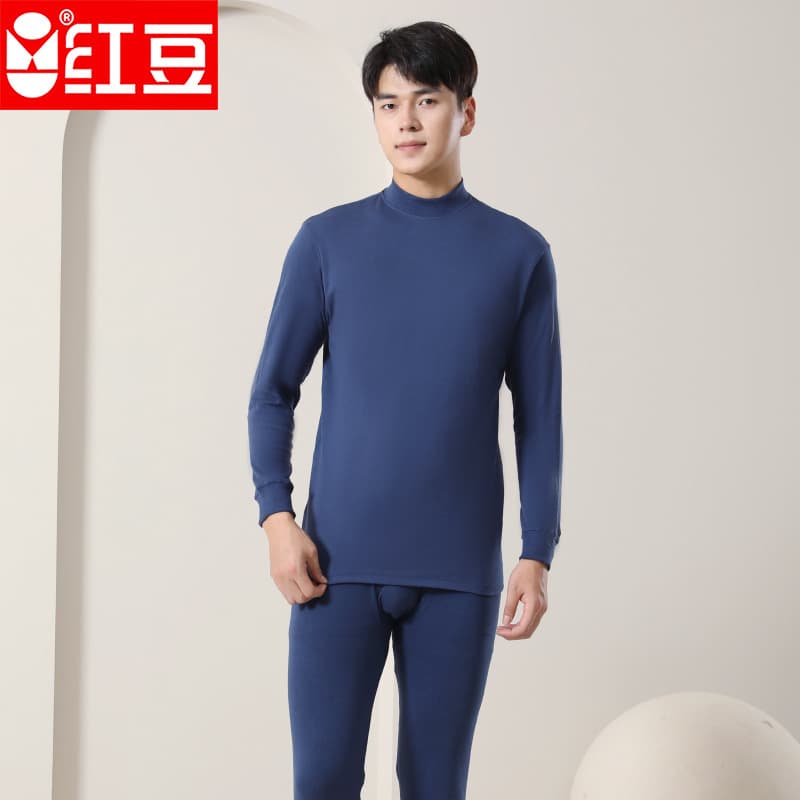 Red Bean Underwear Men's Autumn Clothes Autumn Pants Pure Cotton Suit Mid-High Collar Loose Bottoming Thickened Half-High Collar Thickened Warmth