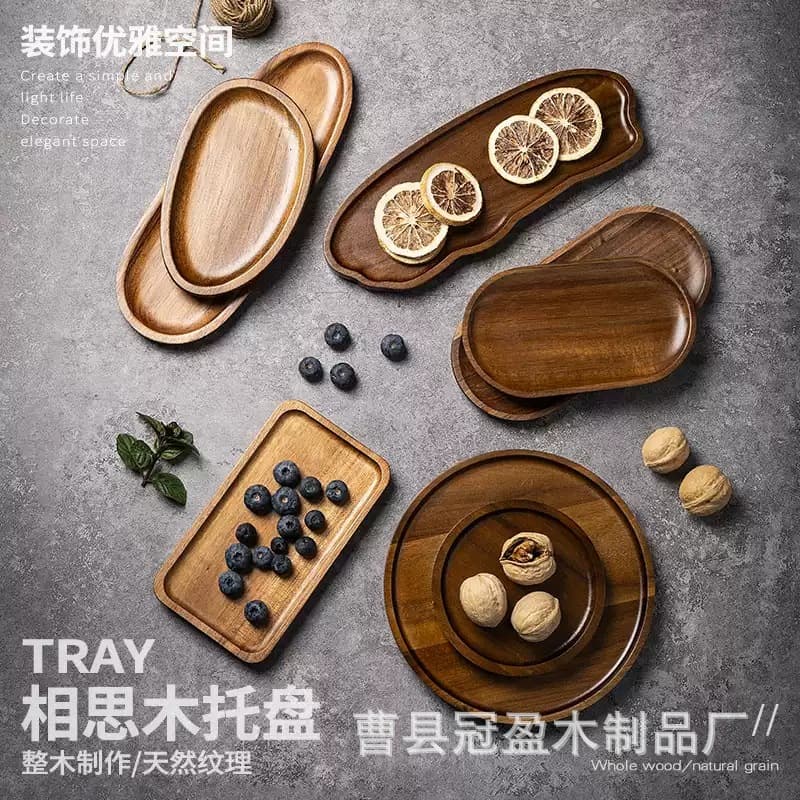 Acacia Wood Tableware Tea Tray Natural Wood Color Restaurant Coffee Shop Commercial Wooden Tray Custom Solid Wood Western Food Plate