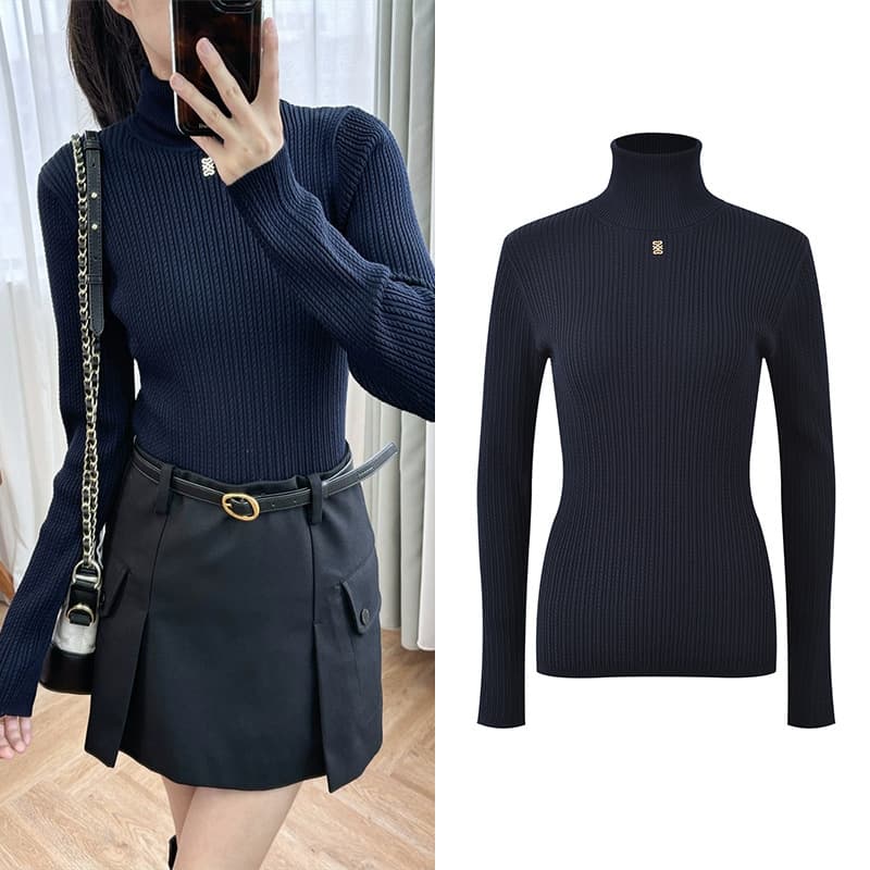 French-Style Minimalist High-Neck Ribbed Heavy-Duty Cable Knit Base Shirt for Women, Fashionable and Versatile for Commuting, Slim-Fit and Flattering Knit Top