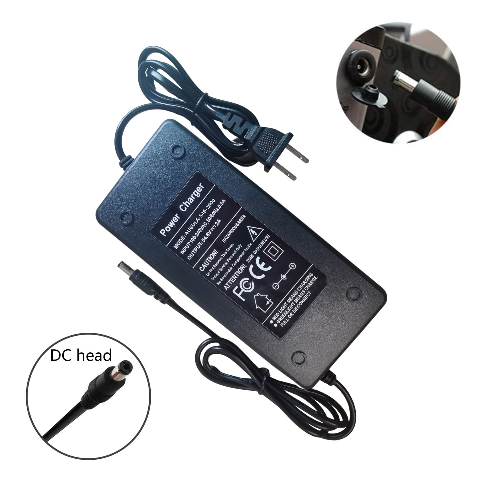 Overseas warehouse stock of 54.6V and 48V 2A chargers for electric vehicles, scooters, and electric motorcycles.