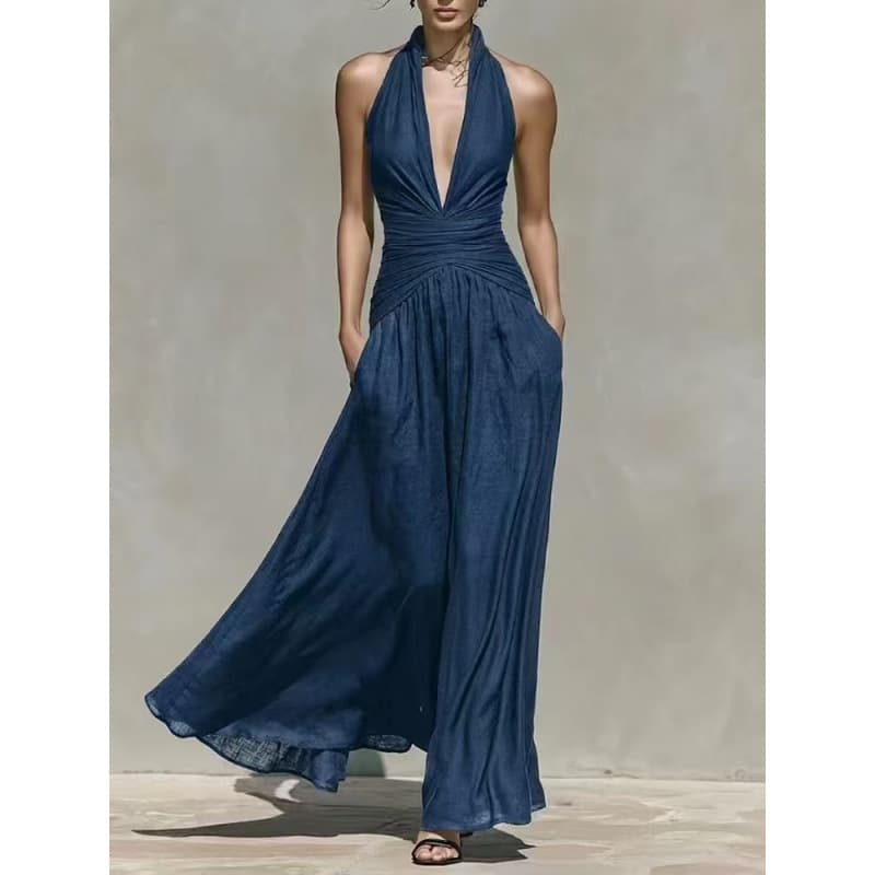 Export European and American Elegant Halter Deep V-Neck Dress with Waist-Slimming Flared Sleeveless Long Vacation Dress