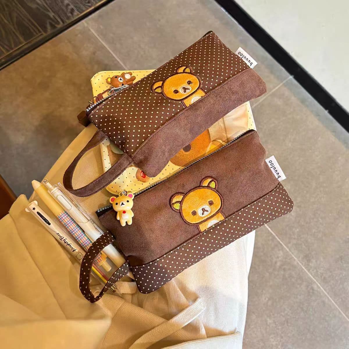 New Xiaohongshu Embroidery Relaxed Bear Pencil Case, Ins-style, Large Capacity Storage Bag for High School Students