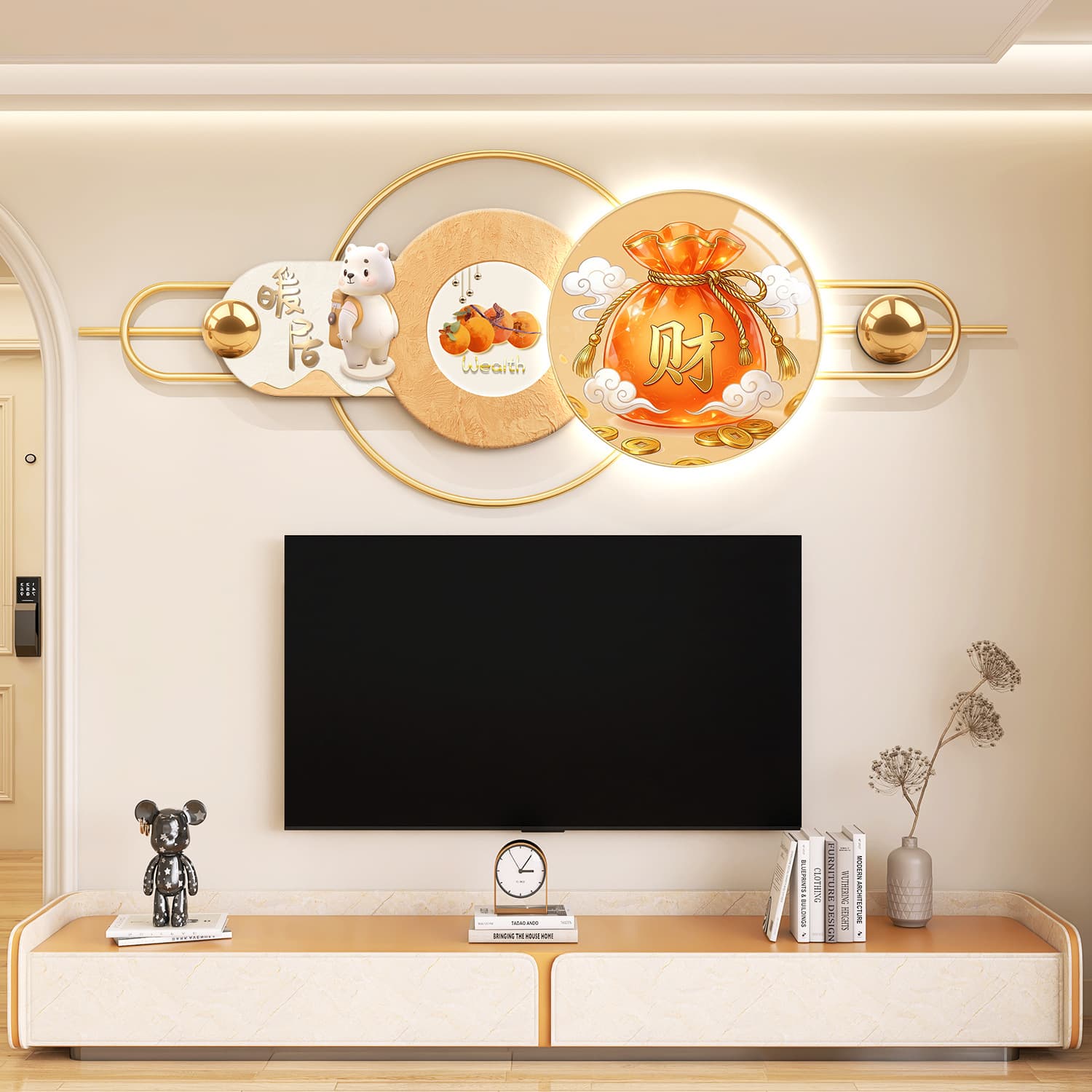 Cream-style living room decorative painting for TV background wall, warm home hanging painting, creative high-end metal persimmon wish-fulfilling mural