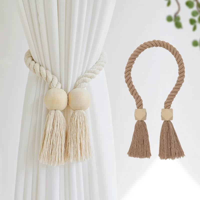 New cross-border pastoral style round beaded cube magnetic buckle wood strong magnetic curtain tie with tassels and decorative storage