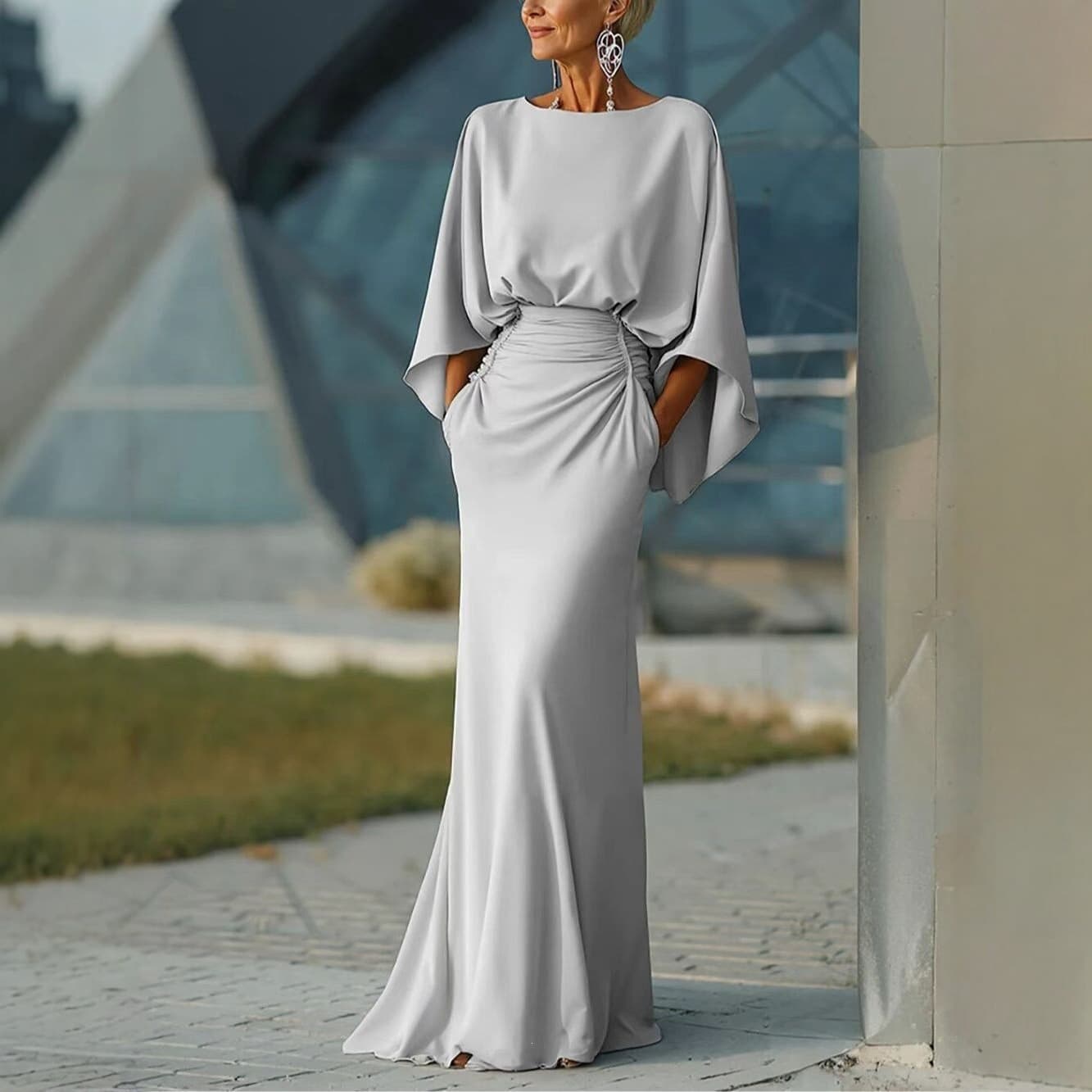 2026 New European and American Style Elegant Backless Pleated Long Dress for Women, Slim Fit in Silver, Deep Red, Black