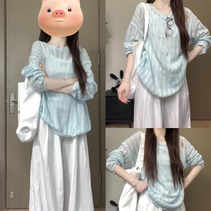 Summer Thin Hollow Cutout Sun Protection Cover-Up Loose Casual Round Neck Pullover Knit Top Chic