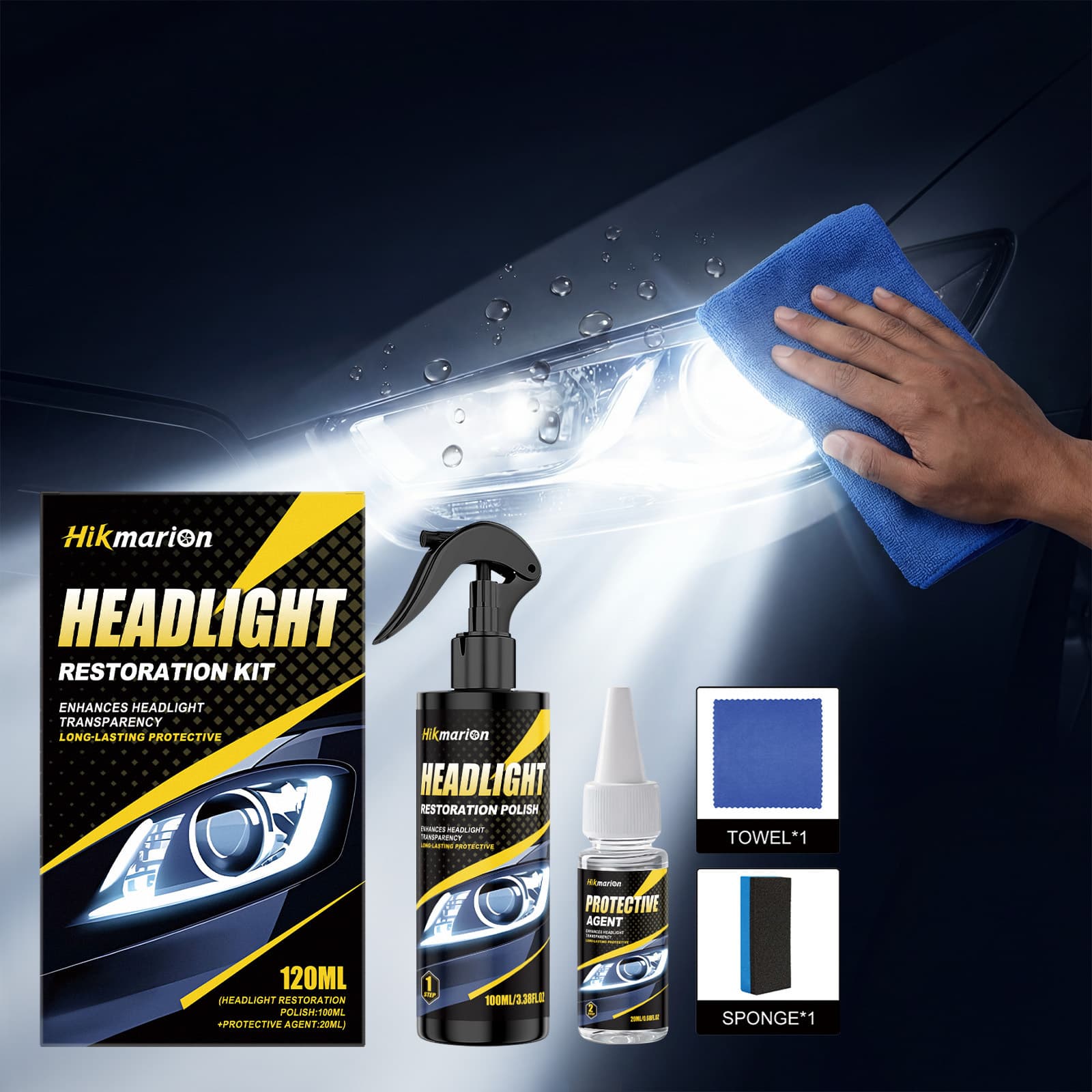 Hikmarion Headlight Cleaning Kit Car Headlight Improvement Kit for Yellowing and Blurred Lighting Surface Protection and Clarity