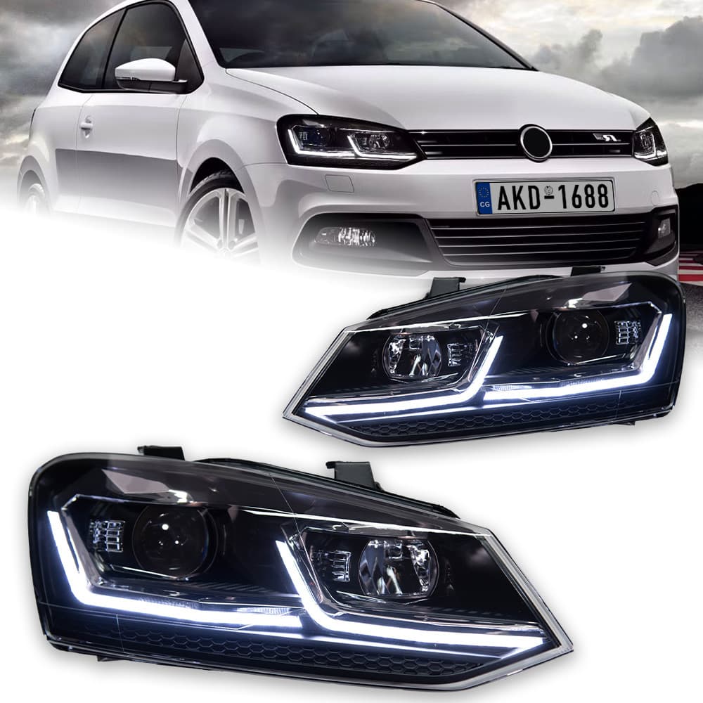 Headlight Assembly for 2011-2018 Volkswagen Polo, Modified LED Projector DRL Turn Signal Headlights