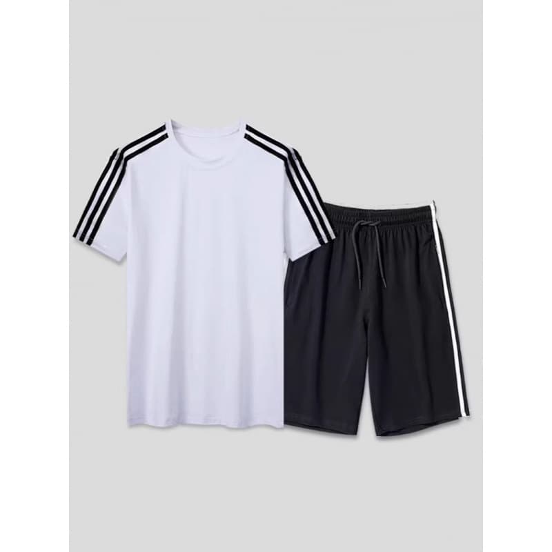 2-Piece Sport Set 3-Stripe Short Sleeve Summer Thin Quick-Dry Korean Trendy Loose Fit Ins Style Men's and Women's Set with Shorts