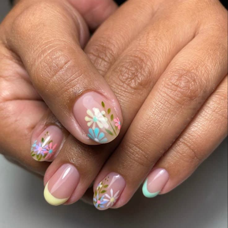 Simple Fresh Yellow-Green Floral Pattern New European American Cross-Border Short Oval Glossy Wearable Nail Tips 24Pcs False Nails