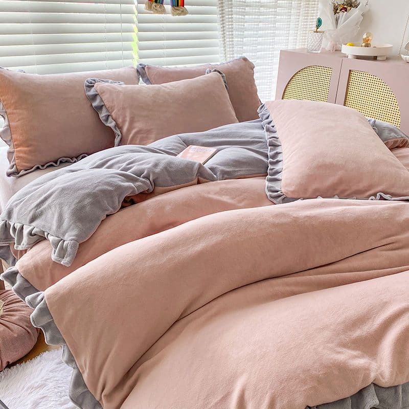 Winter milk velvet four-piece set, coral velvet thickened quilt cover, girl's bed sheet, bed skirt, princess style dormitory three-piece set