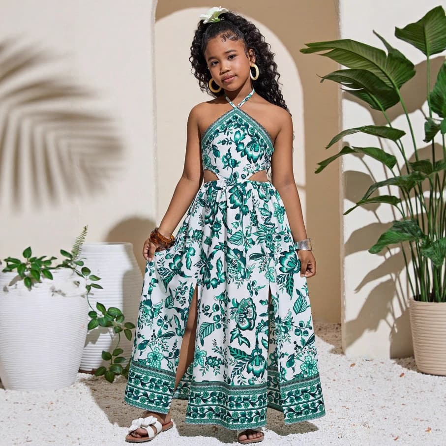 Foreign Trade Girls' Bohemian Floral Beach Dress Casual Floral Party Dress