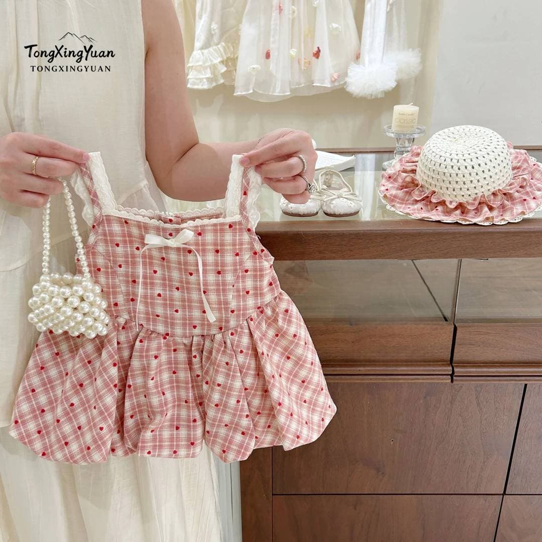 [Summer New Arrival] Peach Sweetheart! Girls Summer Dress French Lace Plaid Girls Vest Dress