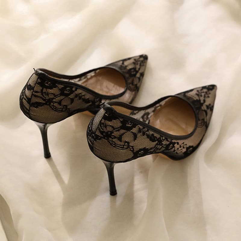 Women's High Heels 2023 Lace Transparent Thin Heel Sexy Mesh Single Shoes Professional Women's Lace High Heels