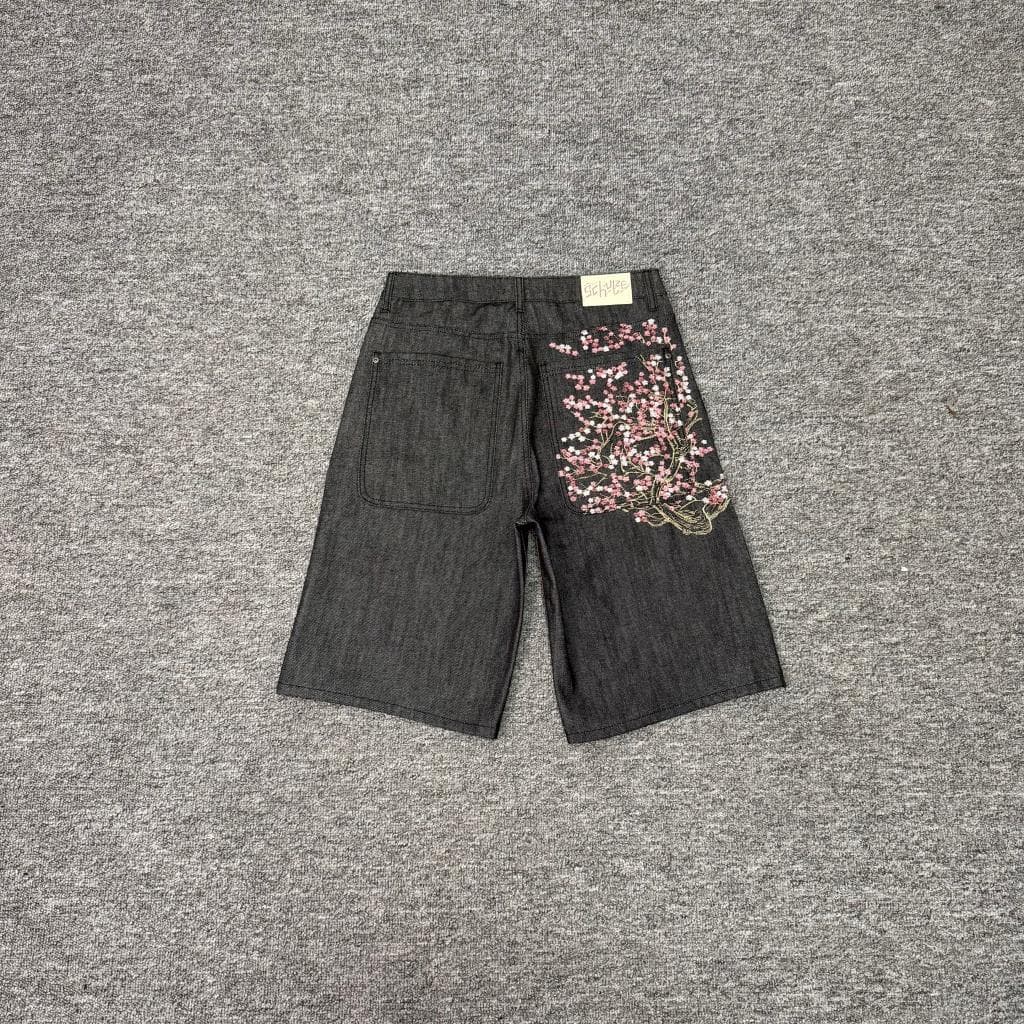 derschutze blossom V2 jorts falling flower embroidered jeans for men and women loose straight leg five-quarter pants