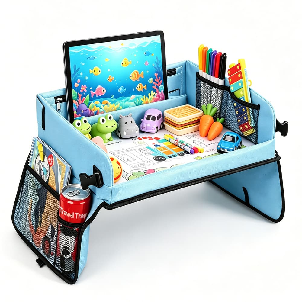 Children's car multifunctional tray folding portable baby game table with flat rack storage bag toy fence
