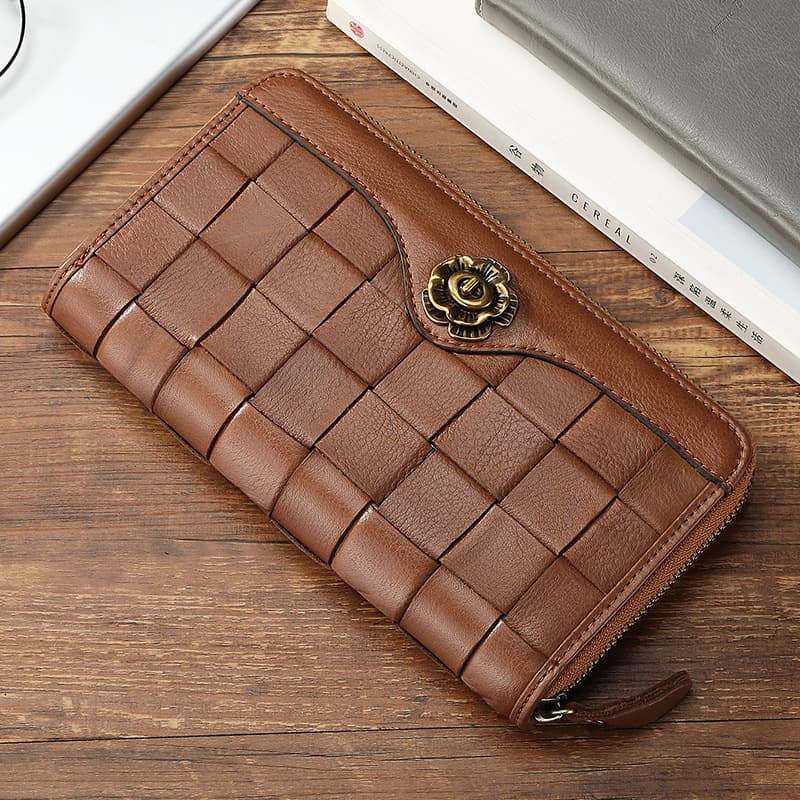 Top Layer Cowhide Woven Men's Wallet Long Zipper Genuine Leather Multifunctional Handbag Cowhide Card Bag Clutch Wallet