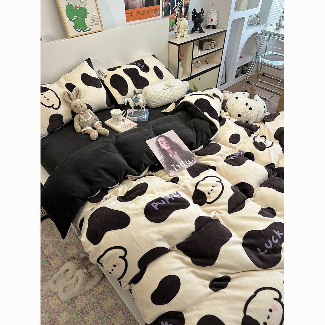 Cute winter cartoon bedding double-sided coral fleece milk fleece four-piece set, thickened duvet cover sheet dormitory three-piece set