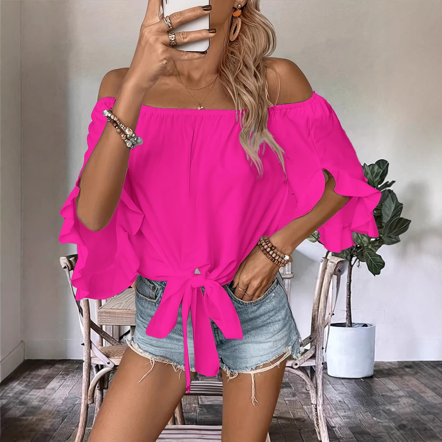 Cross-border Fashion Elegant Elastic Off-Shoulder Top, Flared Sleeve Cuffs, Tie Hem Short Sleeve Blouse