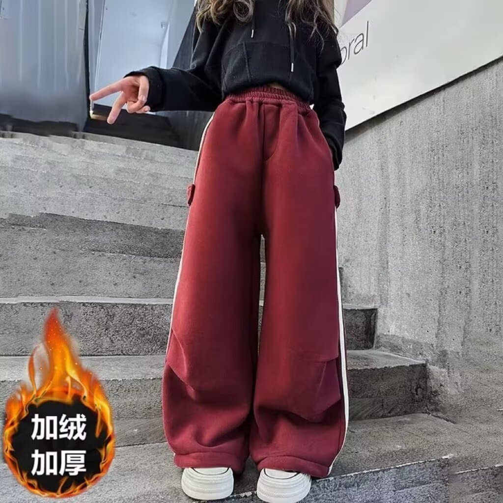 2024 Girls' Color-Block Striped Pants, Autumn/Winter New Casual Fleece-Lined Loose Sport Pants for Bigger Children