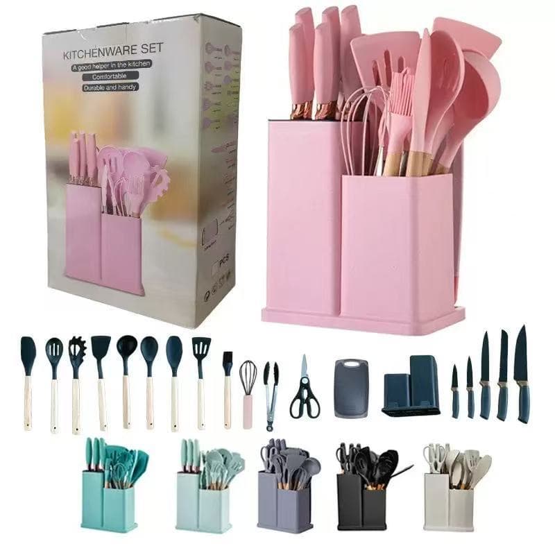 Knife Set Kitchen Chopping Knife Household Scissors Silicone Kitchen Utensils Set Colorful 19-Piece Spatula Spoon Combination