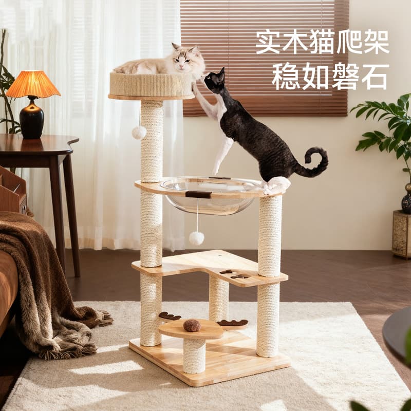Solid Wood Moose Cat Tree for Small Spaces, Integrated Cat Bed and Tree with Space Capsule, Climbing Frame for Cats