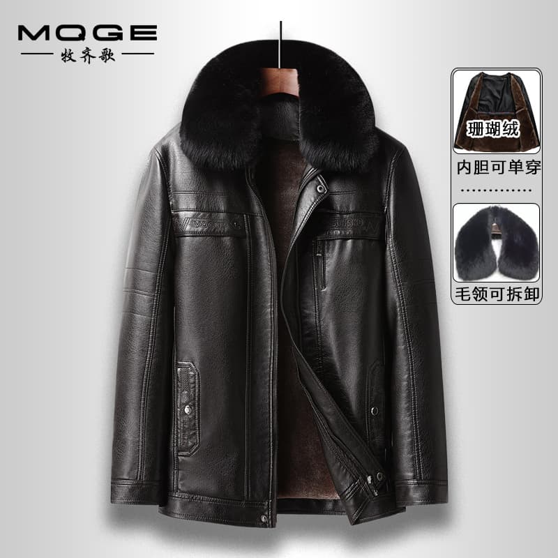 Cross-border Large Size Detachable Lining Men's Leather Jacket Business Casual Father's Style Leather Coat with Fleece Lining and Thick Padding