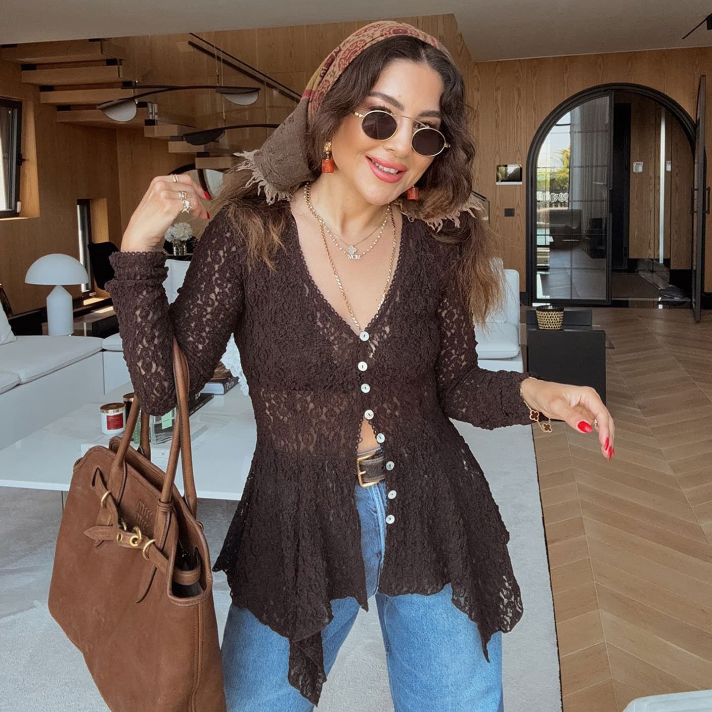 2025 New Cross-Border Basic Solid Color Hollow Lace Button Cardigan V-Neck Split Slim Flared Long Sleeve