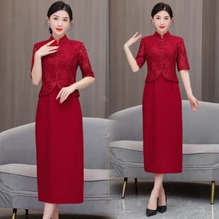 Young Mother of the Bride/Groom Wedding Banquet Cheongsam Chinese Style Lace Elegant Middle-Aged Dress