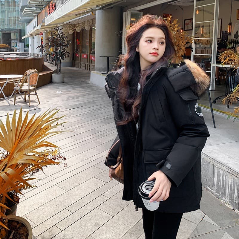 2025 Workwear Down Cotton Coat for Women with Large Fur Collar, Korean Style Loose Thick Winter Parka Cotton Jacket