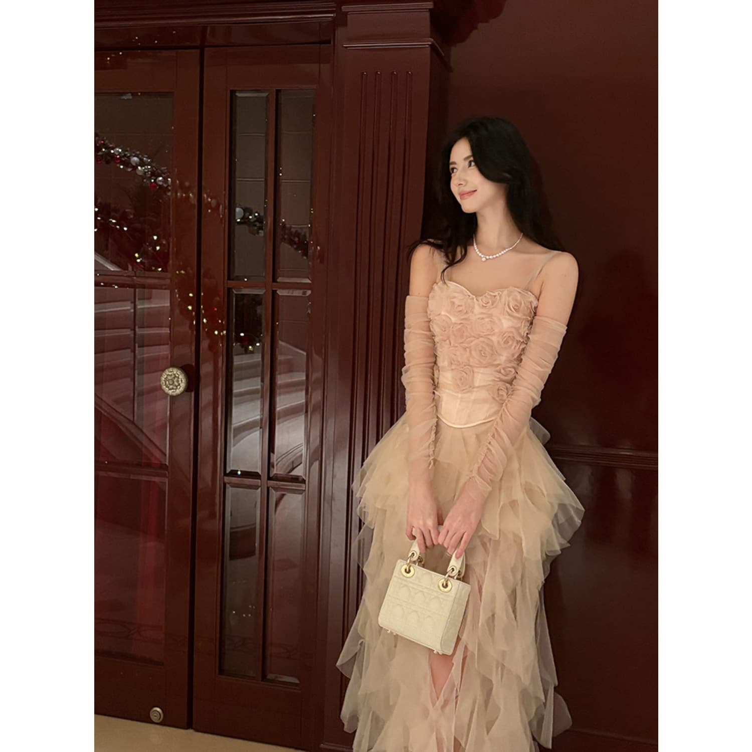 2026 New Banquet Dress High-End Luxury Unique Mesh Skirt Rose Pink Corset Top Two-Piece Set