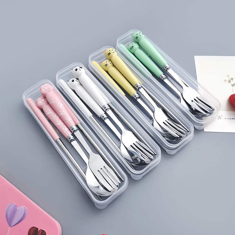 Creative 410 Stainless Steel Portable Cutlery Cartoon Style Imitation Ceramic Handle Stainless Steel Spoon Fork Chopsticks Three-Piece Set Student Version