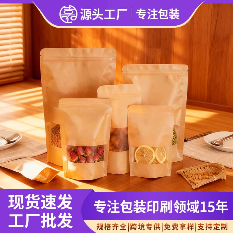 Kraft paper windowed stand-up pouch, thickened nut and tea packaging bag, resealable bag for snacks, candy, and other food products, self-sealing zipper bag.