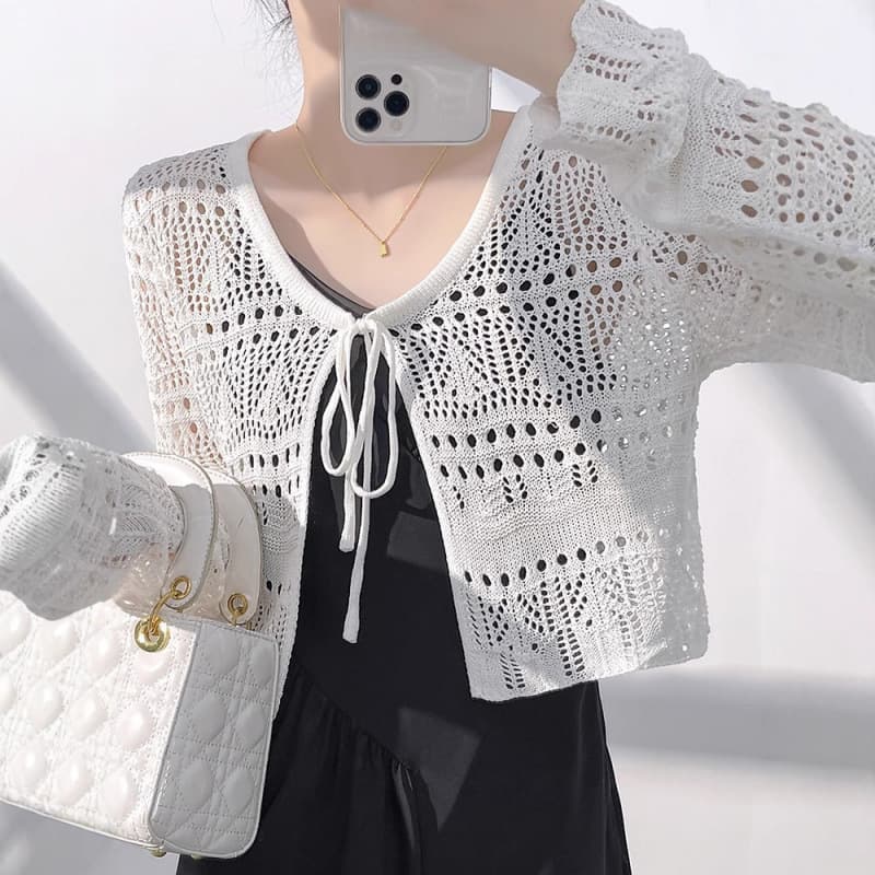 Hollow-out Lace-up Knit Cardigan for Women 2026 Summer New Thin V-neck Air-conditioning Cover-up White