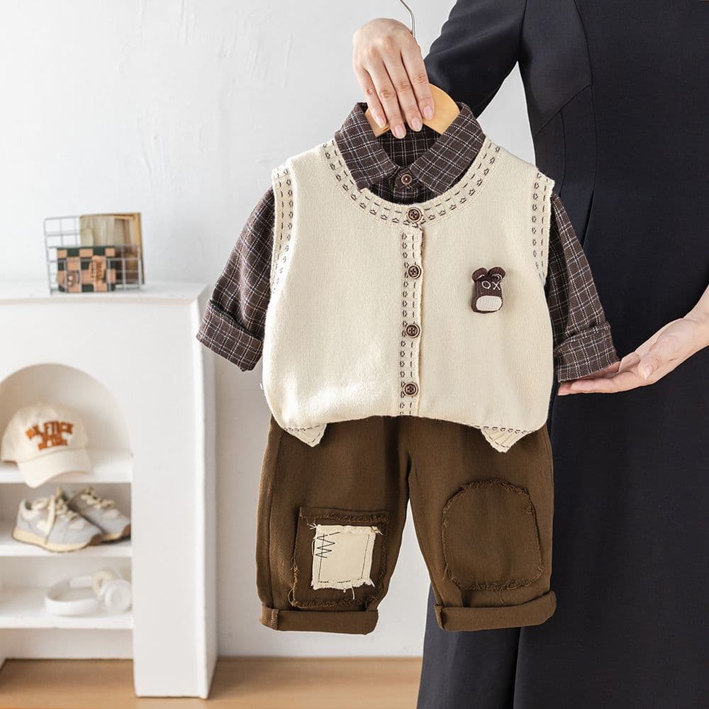 Boy's Autumn Suit 2026 New Style Handsome Baby Boy Children's Spring/Autumn Fashionable Sweater Vest Three-Piece Set